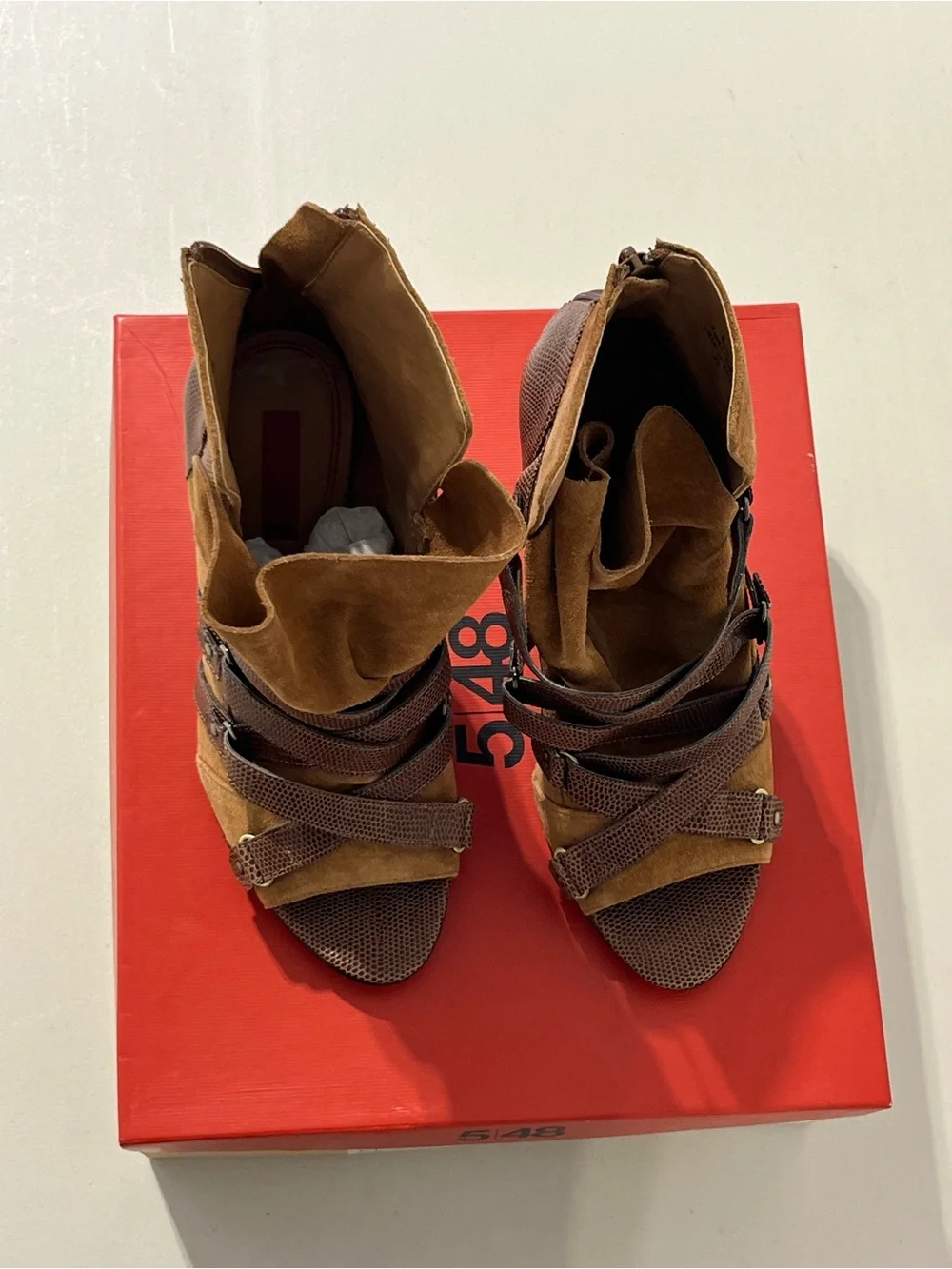 Women's Brown Suede Strappy High Heel Ankle Boots